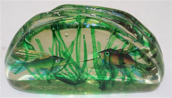 A Murano fish aquarium glass block sculpture, in the manner of Cenedese, W.24.5cm, remnants of old later paint